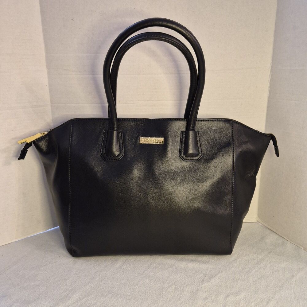 Joy & Iman Split Leather Tote Black Large Divided 13x12x4 Multiple Compartments
